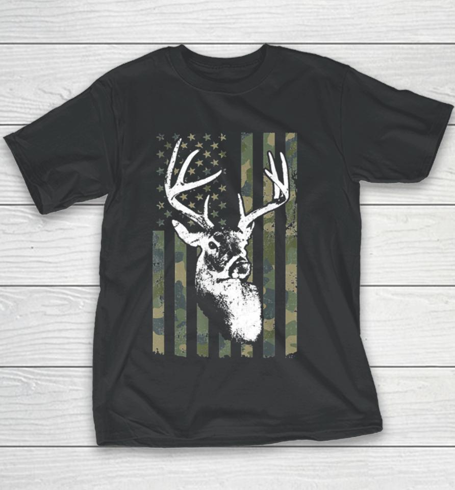 Buck Deer Hunting American Camouflage Usa Flag Youth T-Shirt