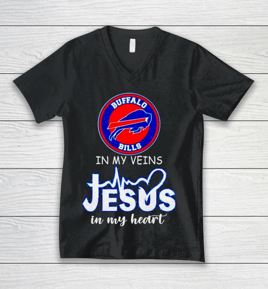 Buffalo Bills In My Veins Jesus In My Heart Diamond Unisex V-Neck T-Shirt
