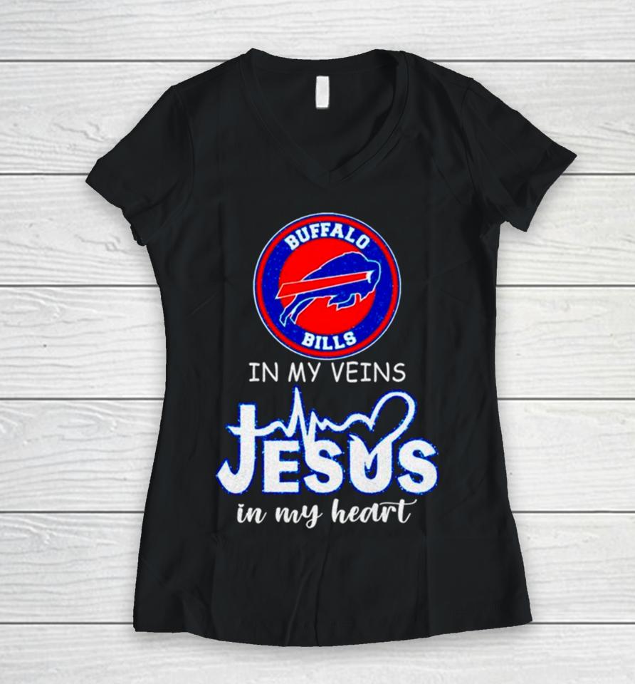 Buffalo Bills In My Veins Jesus In My Heart Diamond Women V-Neck T-Shirt