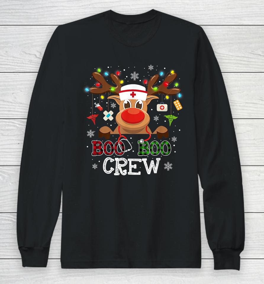 Buffalo Plaid Boo Boo Crew Reindeer Nurse Christmas Long Sleeve T-Shirt