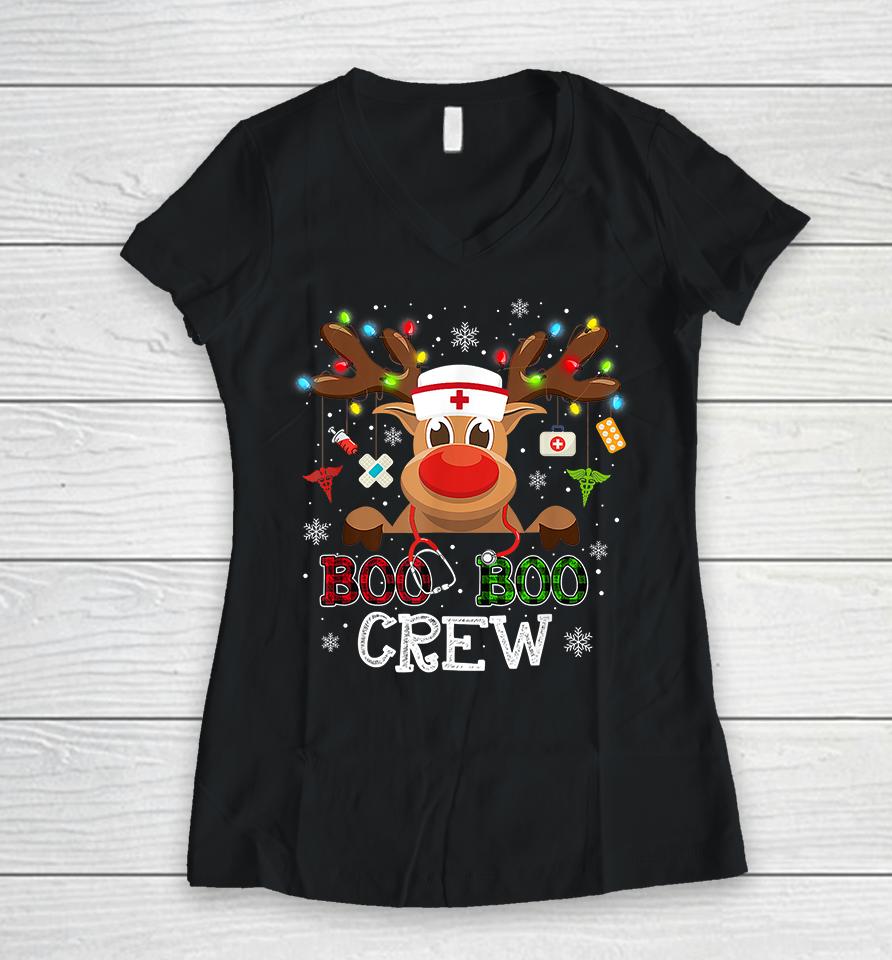 Buffalo Plaid Boo Boo Crew Reindeer Nurse Christmas Women V-Neck T-Shirt