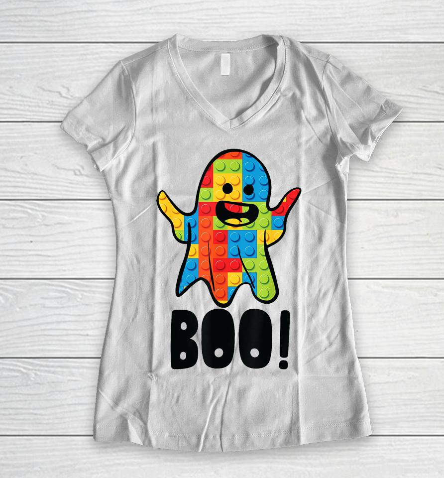 Building Blocks Ghost Boo Master Builder Halloween Costume Women V-Neck T-Shirt