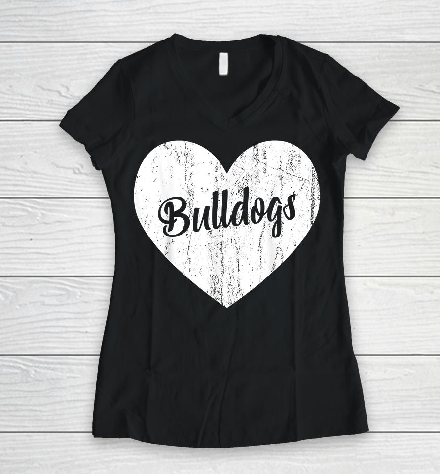 Bulldogs School Sports Fan Team Spirit Mascot Heart Gift Women V-Neck T-Shirt