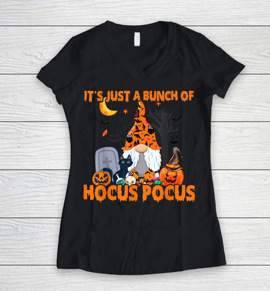 Bunch Of Hocus Pocus Pumpkin Gnome Bats Scary Cat Women V-Neck T-Shirt