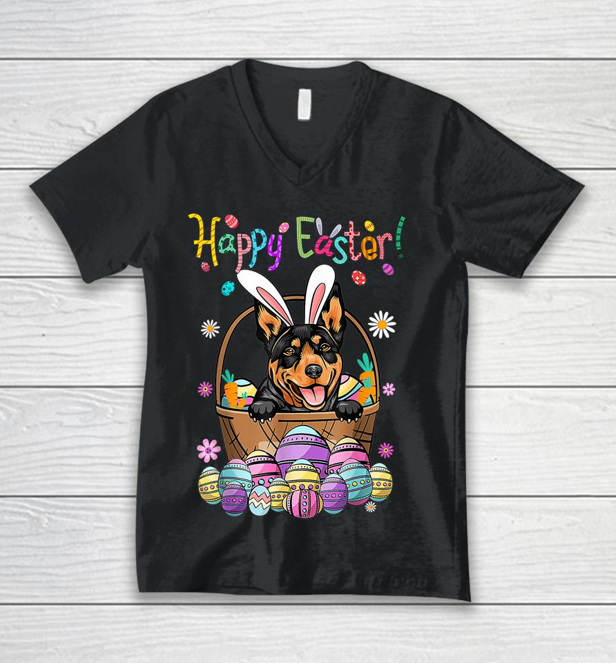 Bunny Australian Kelpie Dog Happy Easter Day With Easter Unisex V-Neck T-Shirt