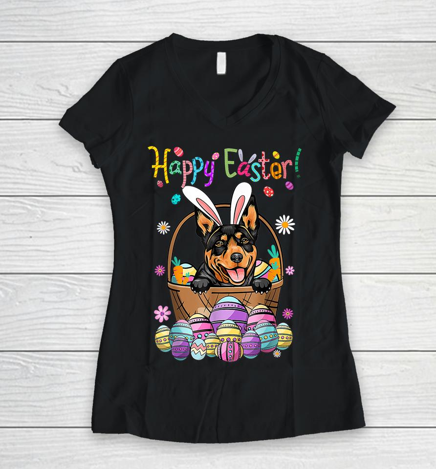 Bunny Australian Kelpie Dog Happy Easter Day With Easter Women V-Neck T-Shirt