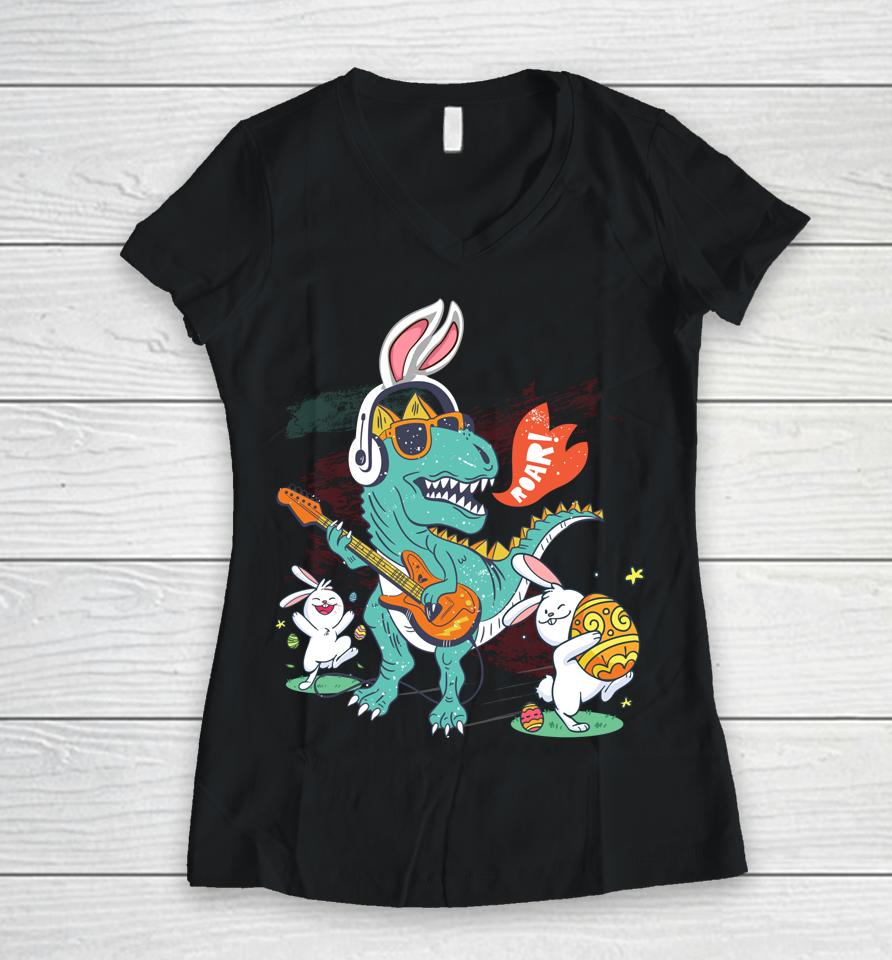 Bunny Ears Egg Easter Day Dinosaur Dino T Rex Women V-Neck T-Shirt