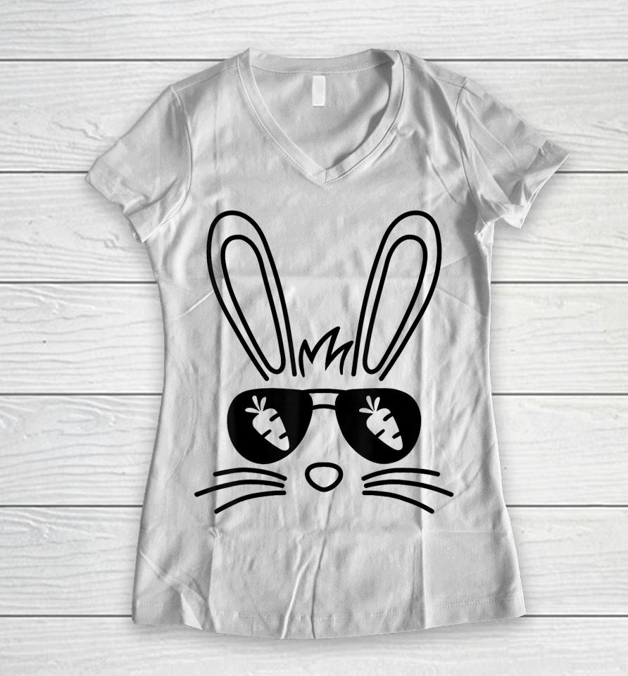 Bunny Face Easter Day Sunglasses Carrot For Boys Girls Kids Women V-Neck T-Shirt