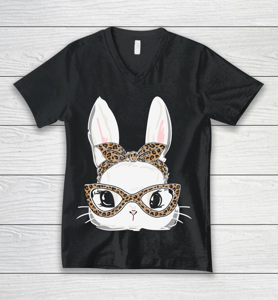 Bunny Face Leopard Glasses Headband Women Happy Easter Day Unisex V-Neck T-Shirt