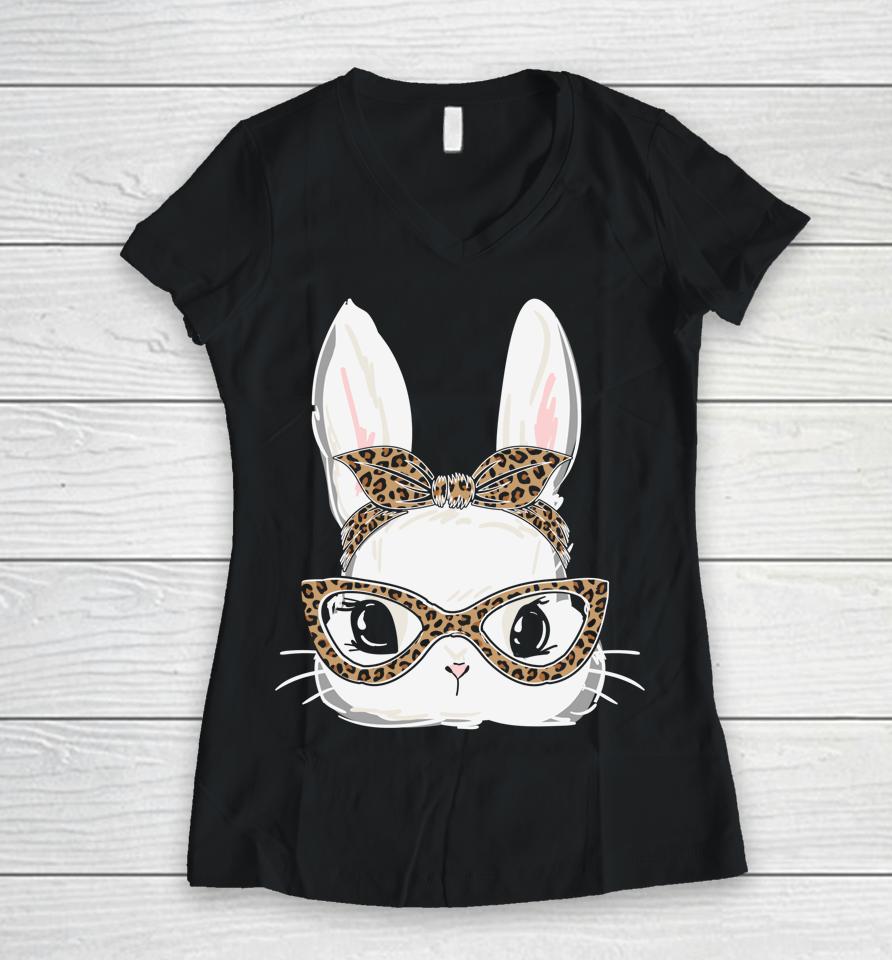 Bunny Face Leopard Glasses Headband Women Happy Easter Day Women V-Neck T-Shirt
