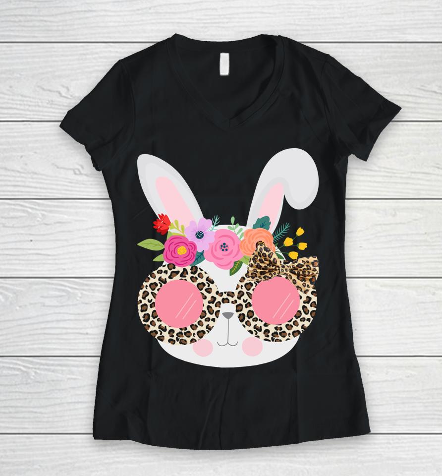Bunny Face Leopart Print Easter Basket Stuffer For Teen Girl Women V-Neck T-Shirt