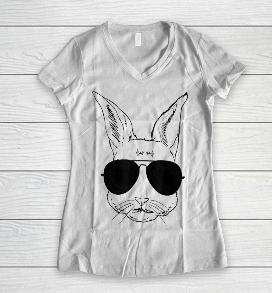 Bunny Face With Sunglasses Easter Day Women V-Neck T-Shirt