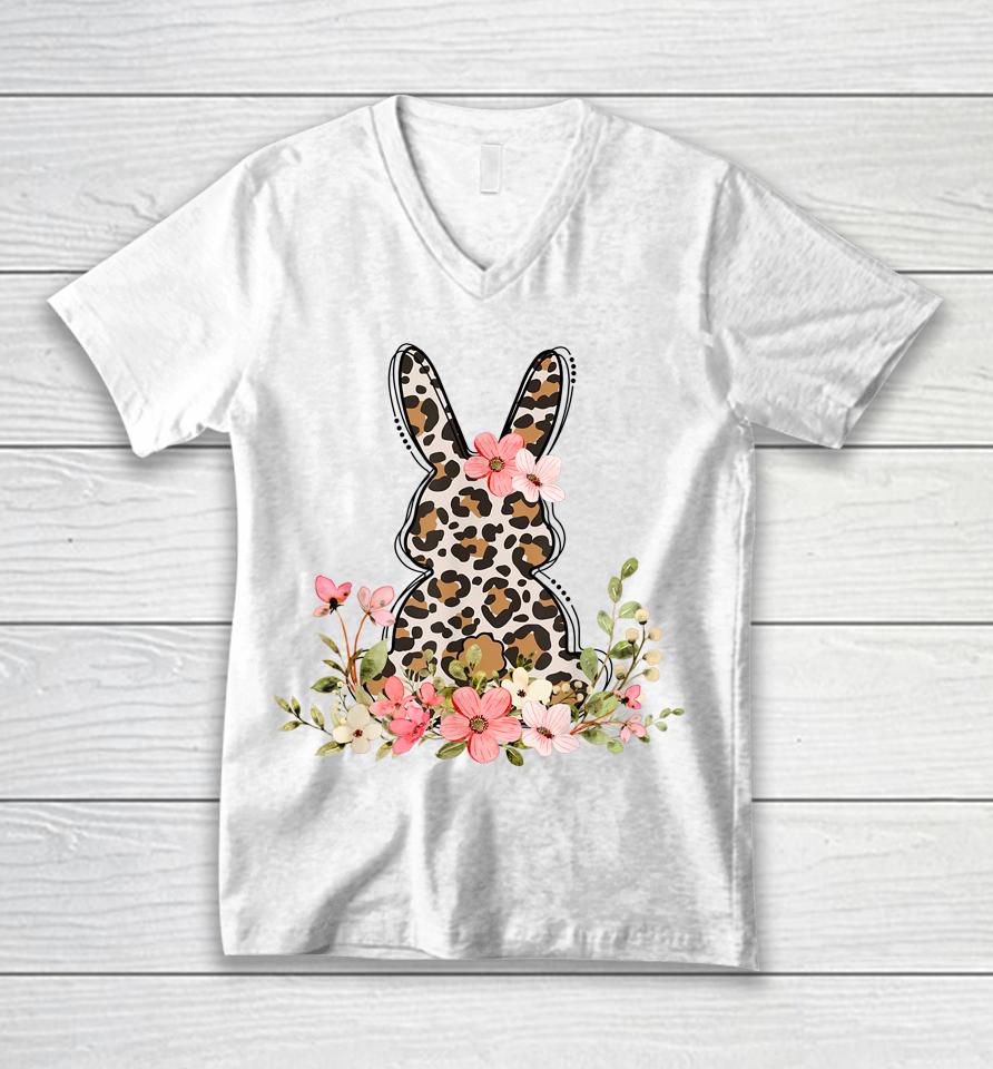 Bunny Floral Leopard Cute Easter Day Unisex V-Neck T-Shirt