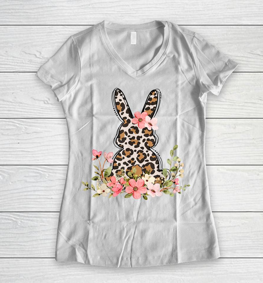 Bunny Floral Leopard Cute Easter Day Women V-Neck T-Shirt