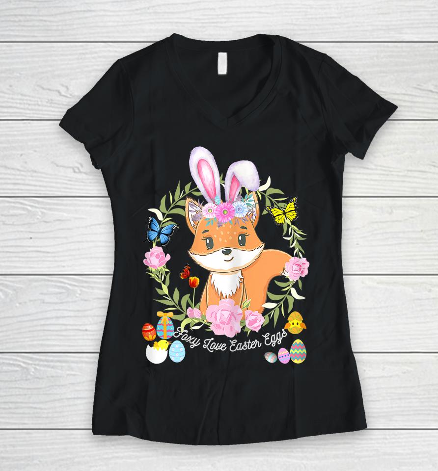 Bunny Fox Happy Easter Day Women V-Neck T-Shirt