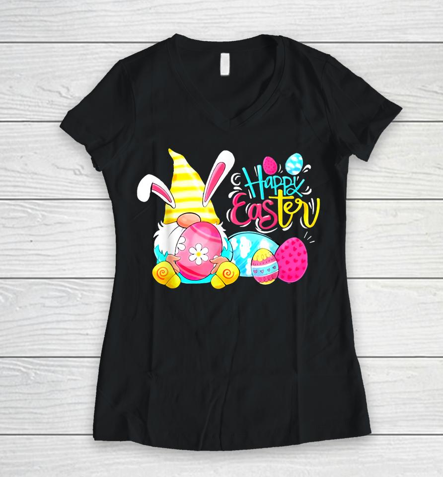 Bunny Gnome Hug Easter Eggs Happy Easter Day Women V-Neck T-Shirt