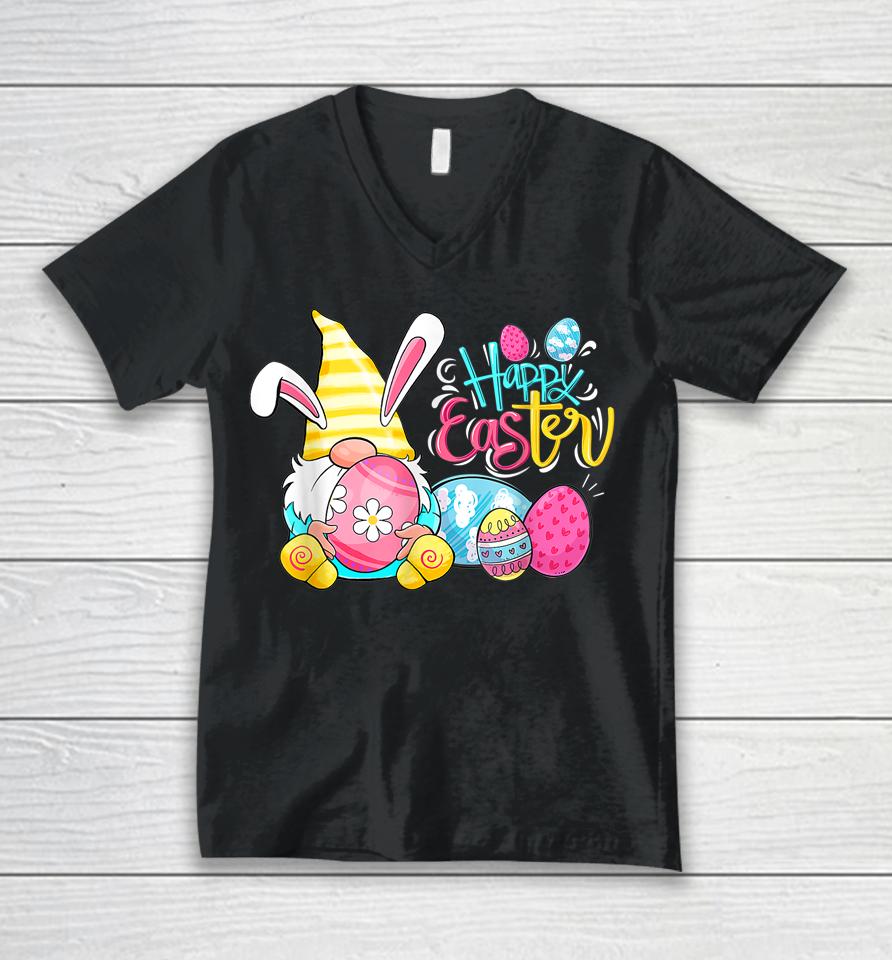 Bunny Gnome Rabbit Eggs Hunting Happy Easter Day Unisex V-Neck T-Shirt