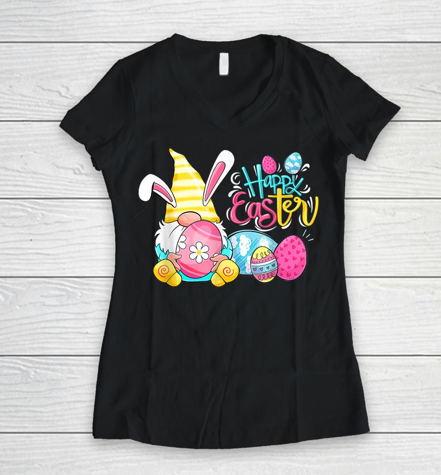 Bunny Gnome Rabbit Eggs Hunting Happy Easter Day Women V-Neck T-Shirt