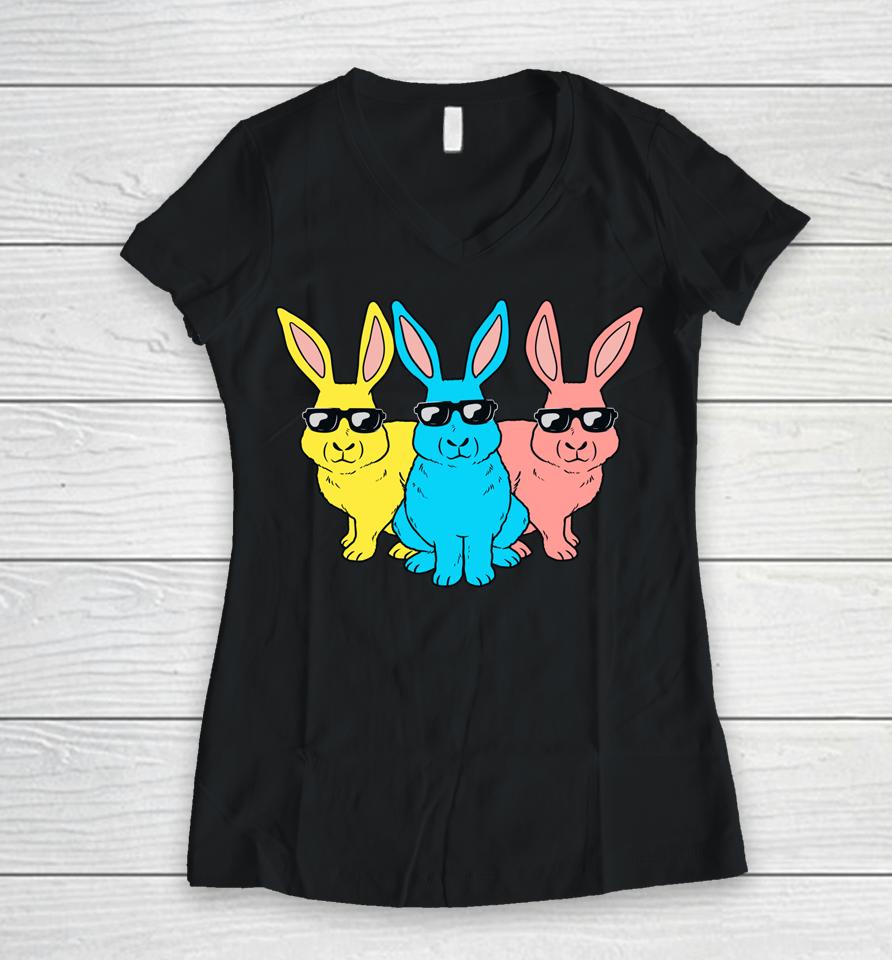 Bunny Hip Hop Trio Bunnies Boys Girls Easter Women V-Neck T-Shirt
