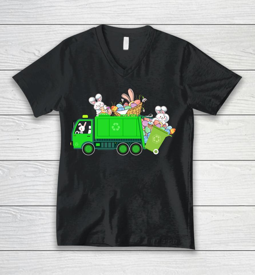 Bunny Riding Garbage Truck Easter Day Unisex V-Neck T-Shirt