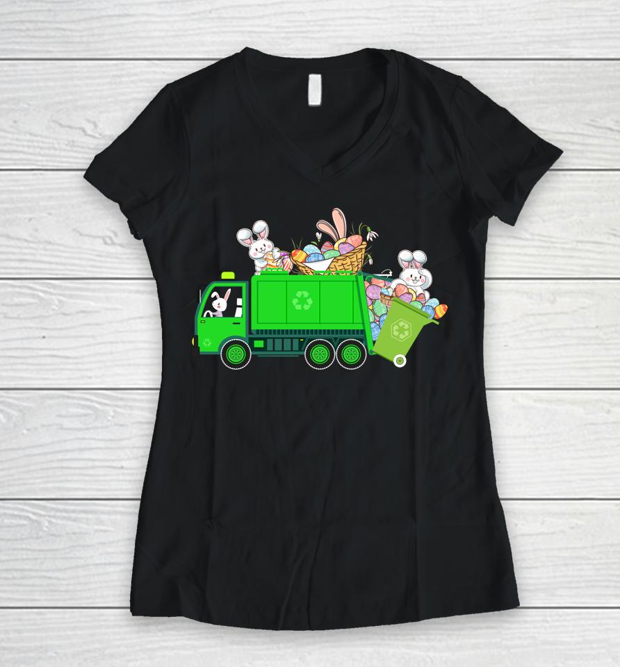 Bunny Riding Garbage Truck Easter Day Women V-Neck T-Shirt