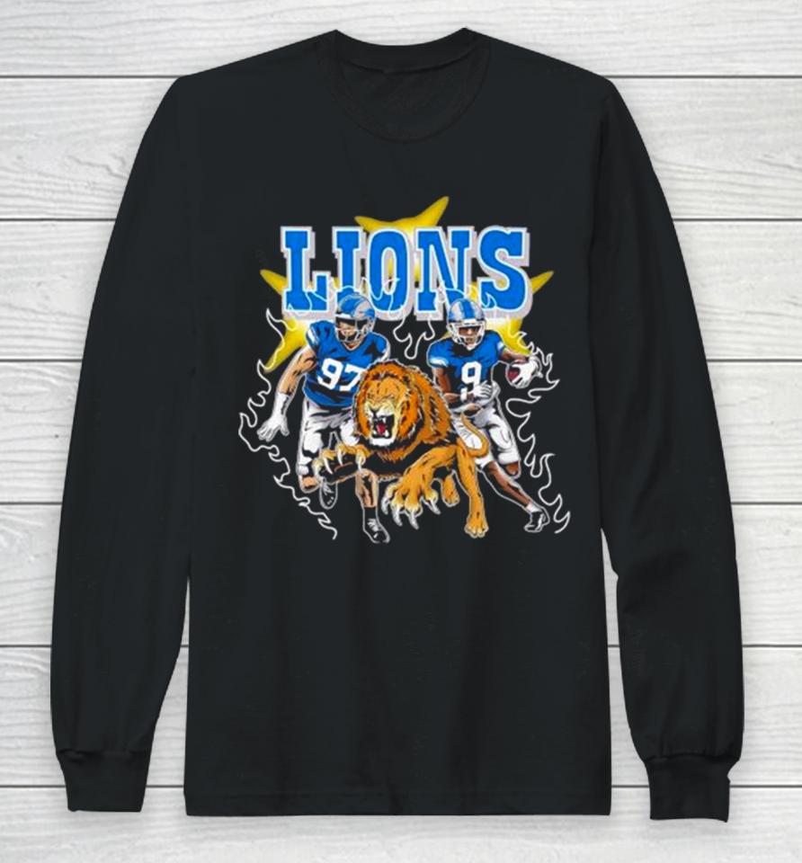 Burning Flame Detroit Football Lions Running Players Long Sleeve T-Shirt