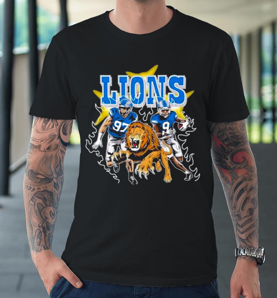 Burning Flame Detroit Football Lions Running Players Premium T-Shirt