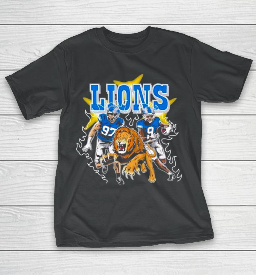 Burning Flame Detroit Football Lions Running Players T-Shirt