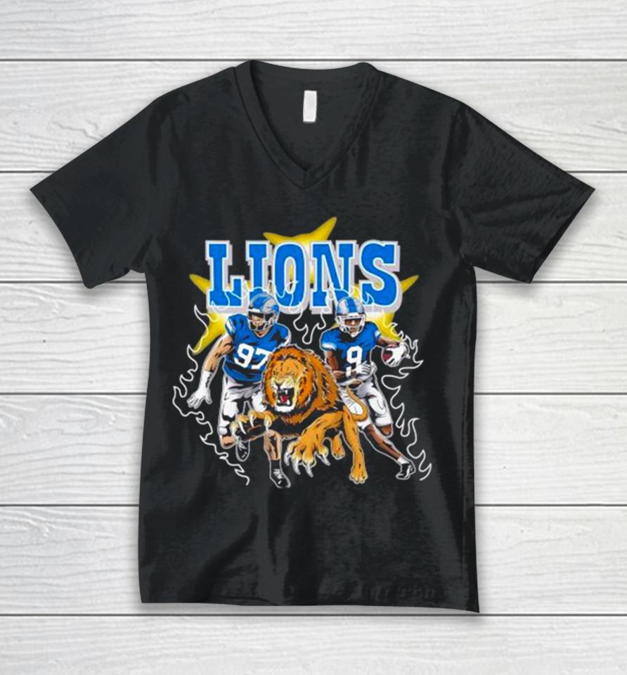 Burning Flame Detroit Football Lions Running Players Unisex V-Neck T-Shirt