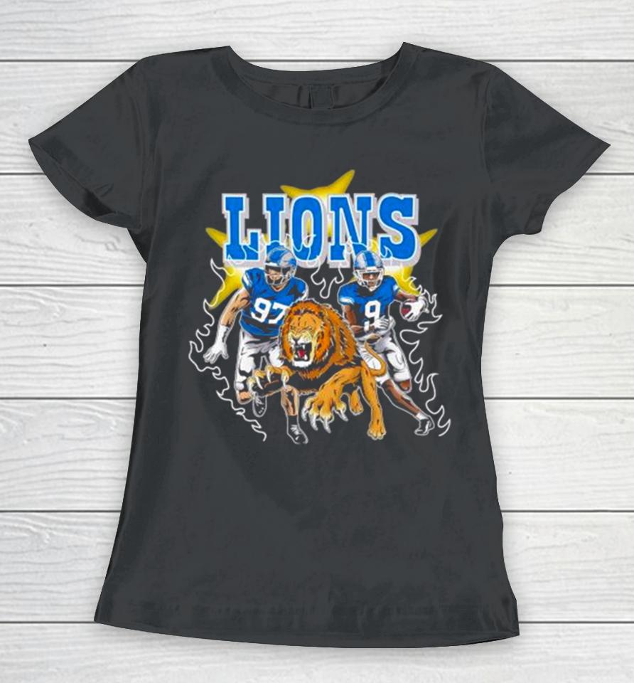 Burning Flame Detroit Football Lions Running Players Women T-Shirt
