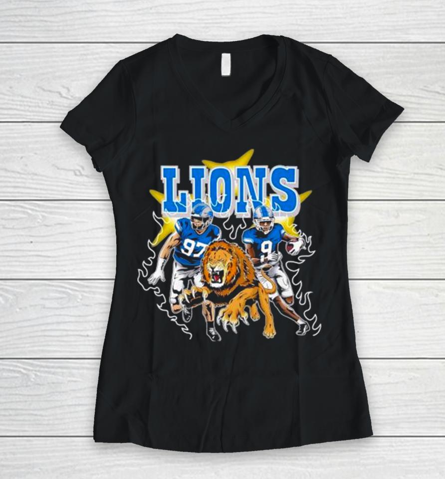 Burning Flame Detroit Football Lions Running Players Women V-Neck T-Shirt