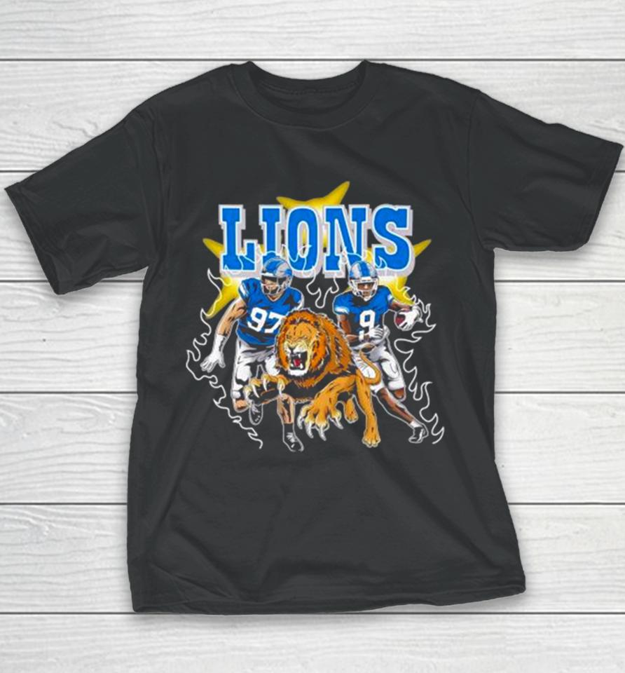 Burning Flame Detroit Football Lions Running Players Youth T-Shirt