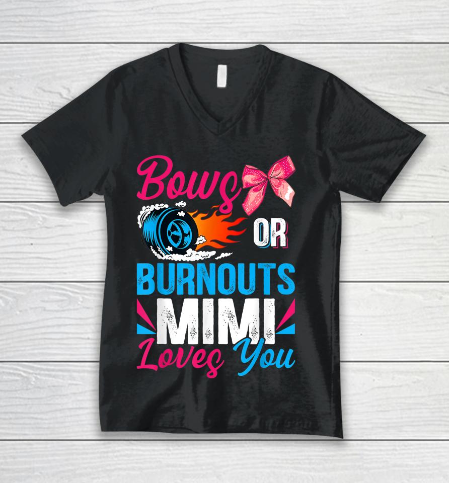 Burnouts Or Bows Mimi Loves You Gender Reveal Party Baby Unisex V-Neck T-Shirt