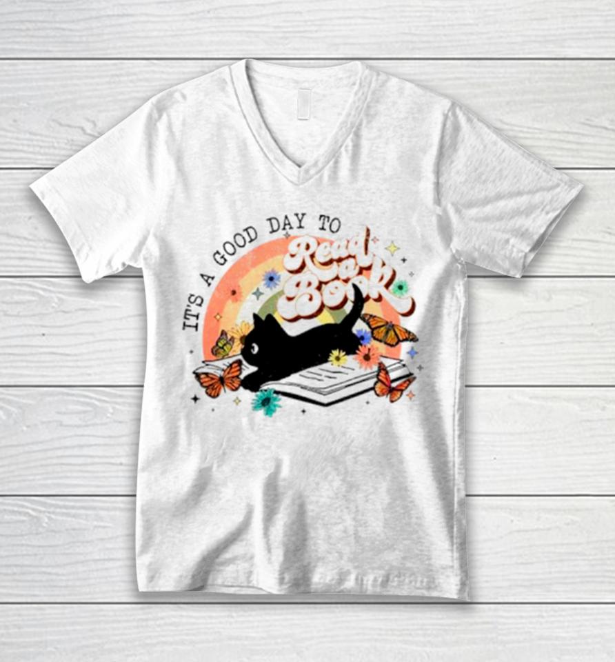 Butterfly And Cat It’s A Good Day To Read A Book Unisex V-Neck T-Shirt