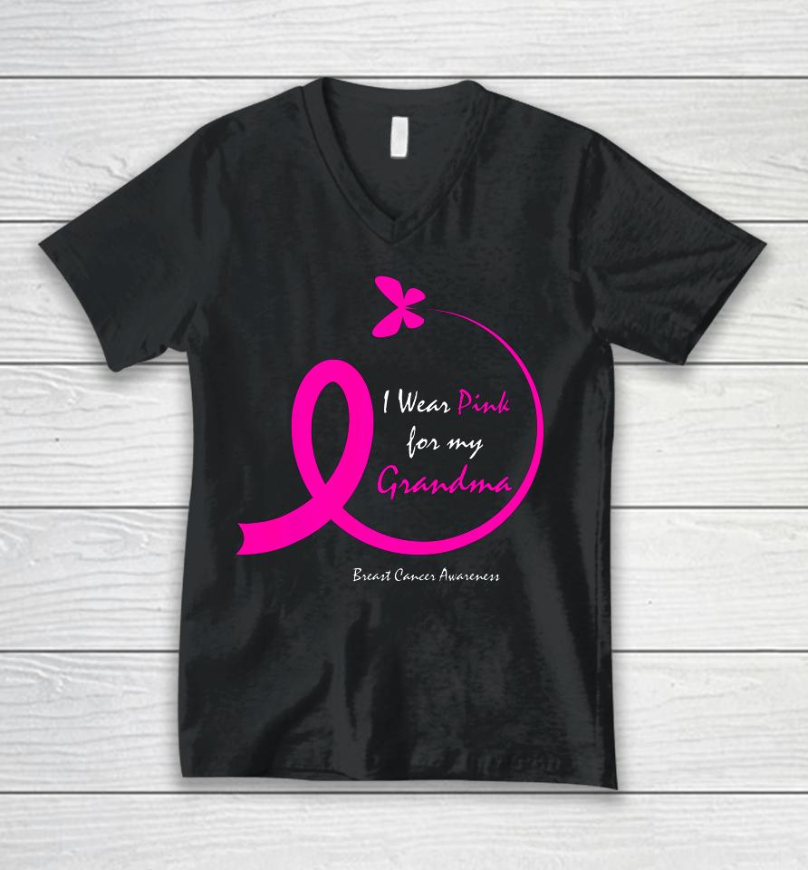 Butterfly I Wear Pink For My Grandma Breast Cancer Awareness Unisex V-Neck T-Shirt