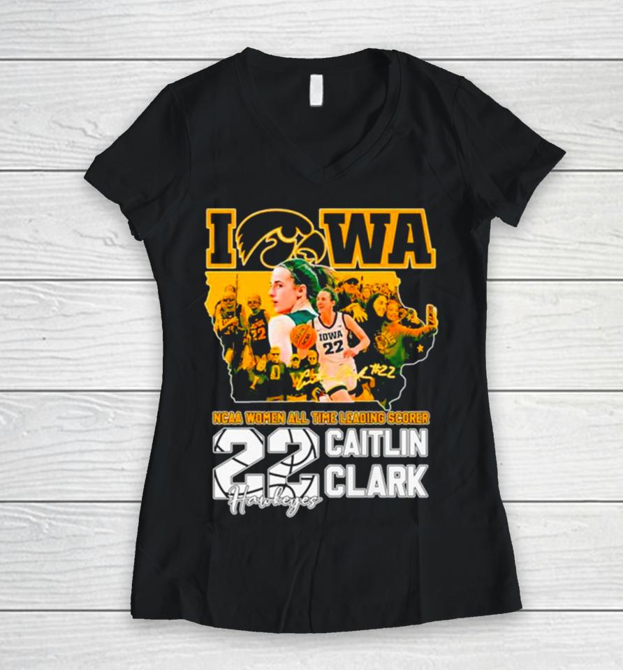 Caitlin Clark Iowa Hawkeyes Ncaa Women’s All Time Leading Scorer Signature Women V-Neck T-Shirt