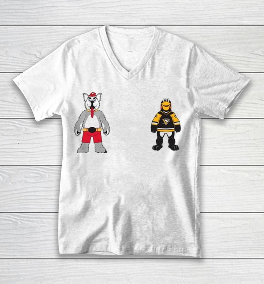 Calgary Flames Vs Pittsburgh Penguins Nhl 2024 Mascot Cartoon Hockey Unisex V-Neck T-Shirt