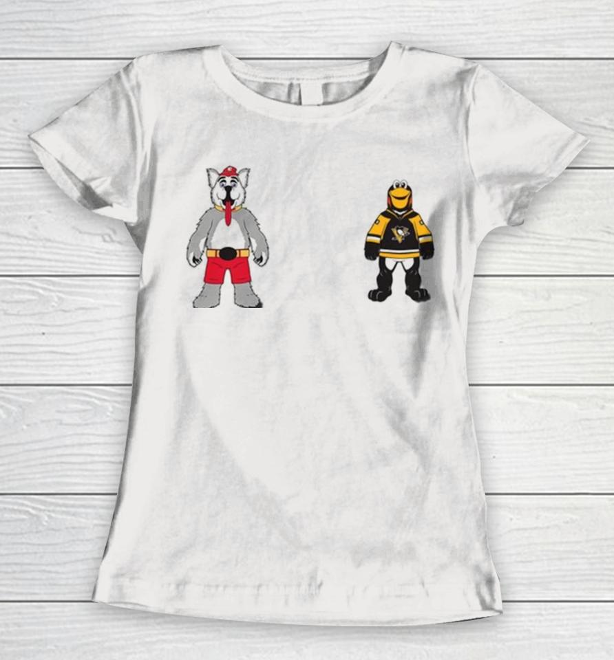 Calgary Flames Vs Pittsburgh Penguins Nhl 2024 Mascot Cartoon Hockey Women T-Shirt