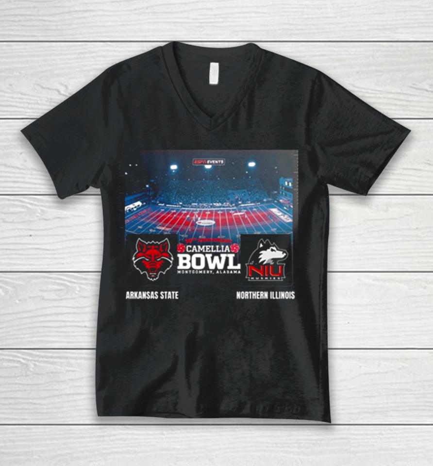 Camellia Bowl 2023 Arkansas State Vs Northern Illinois Cramton Bowl Montgomery Alabama College Football Bowl Games Unisex V-Neck T-Shirt