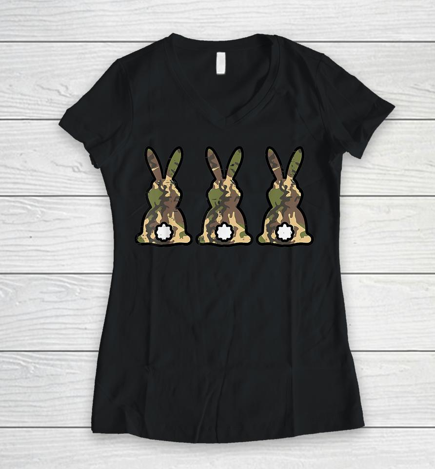 Camo Bunnies Cute Easter Day Rabbit Bunny Women V-Neck T-Shirt