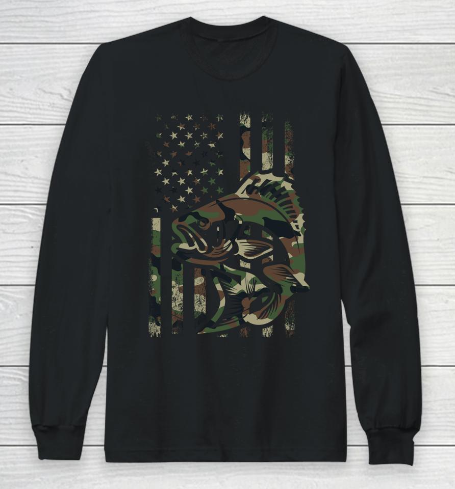 Camo Fishing Shirt American Flag Bass Fishing Long Sleeve T-Shirt