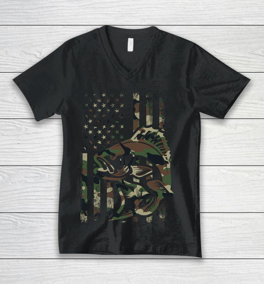 Camo Fishing Shirt American Flag Bass Fishing Unisex V-Neck T-Shirt