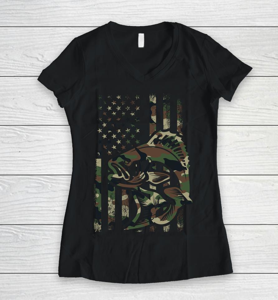 Camo Fishing Shirt American Flag Bass Fishing Women V-Neck T-Shirt