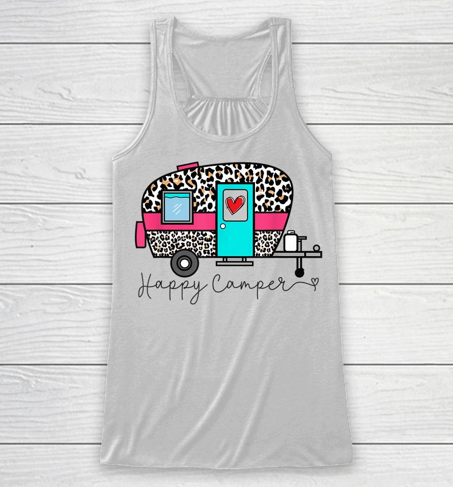 Camper Happy Summer Camp Camping Leopard Funny Glamping Racerback Tank