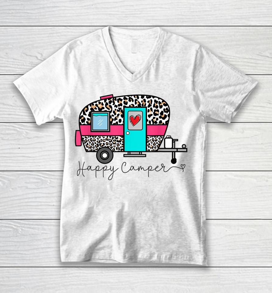 Camper Happy Summer Camp Camping Leopard Funny Glamping Unisex V-Neck T-Shirt