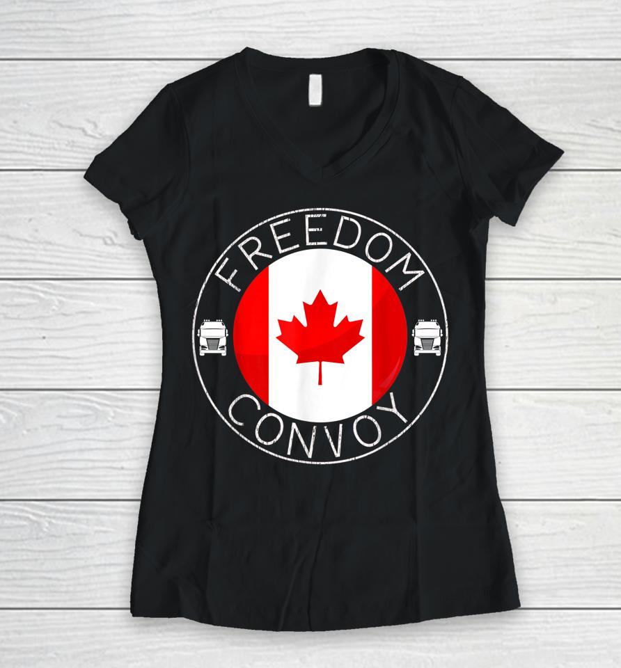Canada Flag Freedom Convoy 2022 Canadian Trucker Maple Leaf Women V-Neck T-Shirt
