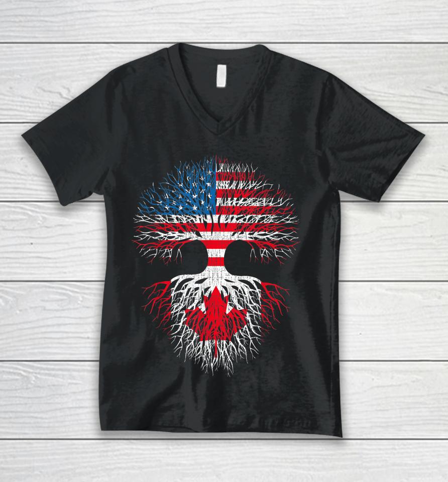Canadian Roots American Grown Canada Flag Unisex V-Neck T-Shirt