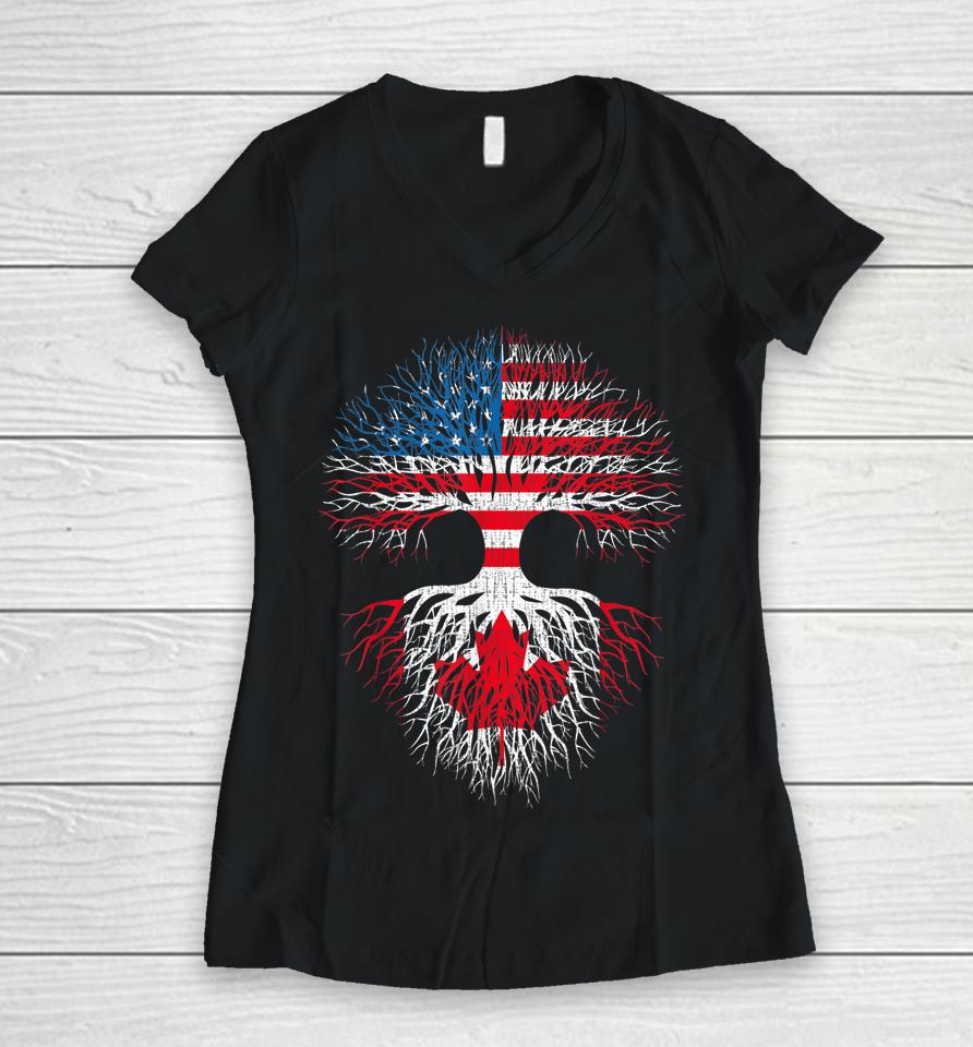 Canadian Roots American Grown Canada Flag Women V-Neck T-Shirt