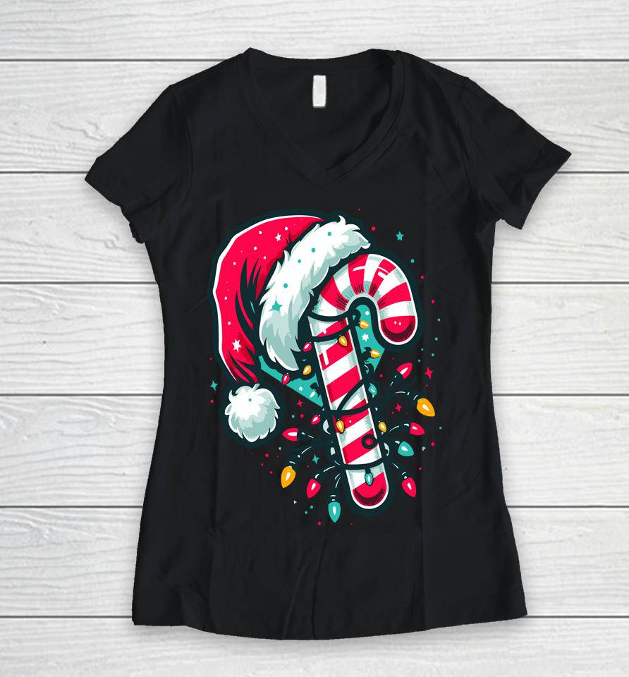 Candy Cane Crew Christmas Lights Family Matching Xmas Women V-Neck T-Shirt