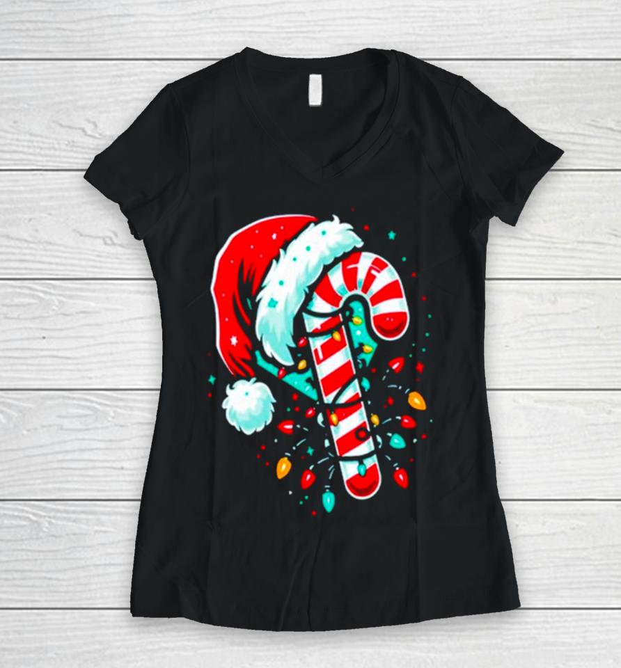 Candy Cane Crew Christmas Lights Women V-Neck T-Shirt